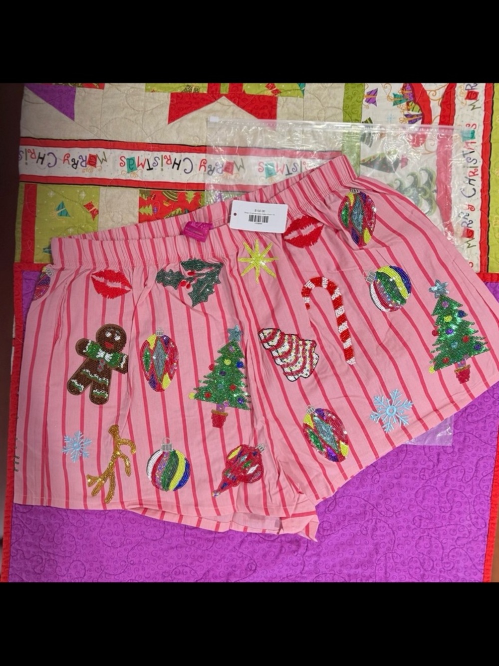 Light Pink & Red Stripe Christmas Icons Cotton Shorts Queen Of Sparkles NWT